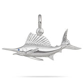 Sterling Silver Sailfish Fish Pendant High Polished Mirror Finish With Blue Sapphire Eye with A Mariner Shackle Bail Custom Designed By Nautical Treasure Jewelry In The Florida Keys Billfish Foundation